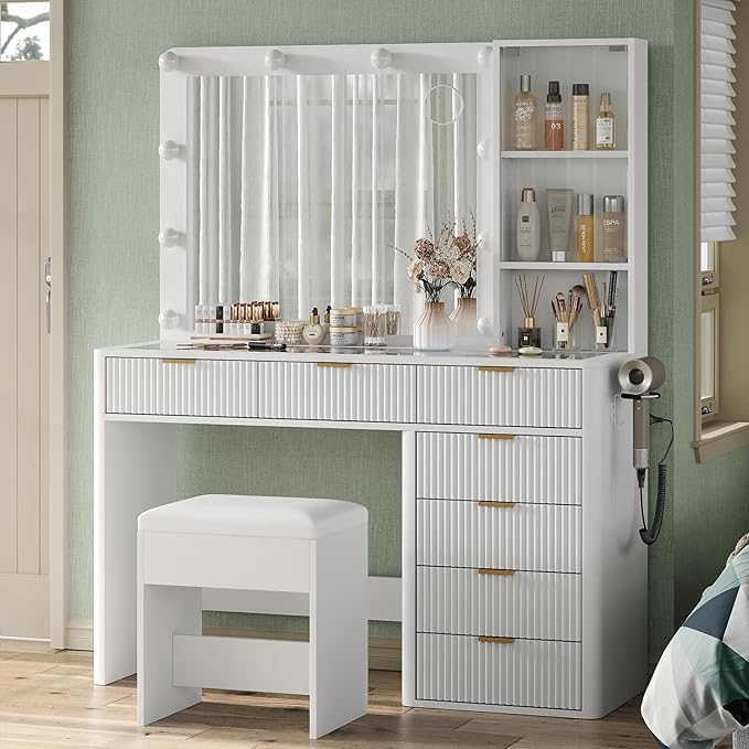 7 Drawers Fluted Vanity Desk with Charging Station, 47'' W Makeup Vanity with LED Lights and HD Mirror, 3 Lighting Modes Adjustable, Glass Top, Vanity Set for Bedroom,White