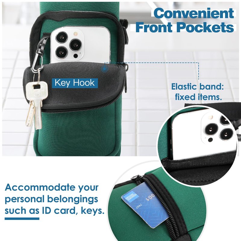 Nuovoware Water Bottle Carrier Bag, 40oz Bottle Pouch Holder, Adjustable Shoulder Hand Strap 2 Pocket Sling Neoprene Sleeve Sports Accessories for Hiking Travelling, Dark Green
