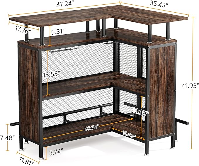 Tribesigns Home Bar Unit, L-Shaped Bar Table with Stemware Racks and 2-Tier Shelves, Corner Mini Coffee Liquor Cabinet with Footrest for Home/Kitchen/Pub, Rustic Brown