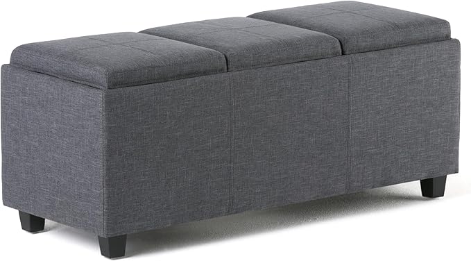 SIMPLIHOME Avalon Storage Ottoman - 42 inch Wide Upholstered Linen Look Fabric Rectangular Flip-Top Ottoman in Slate Grey, Contemporary Coffee Table Ottoman for Living Room with Hidden Storage