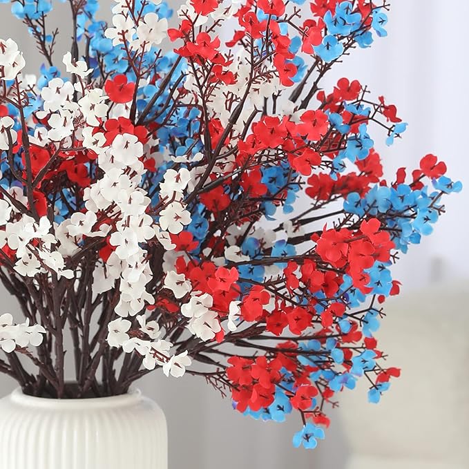 Hananona 10 Pcs 4th of July Flowers Artificial Babys Breath Fake Silk Patriotic Flowers for Independence Day Home Decor Floral Arrangement Table Centerpieces (10, Mix)