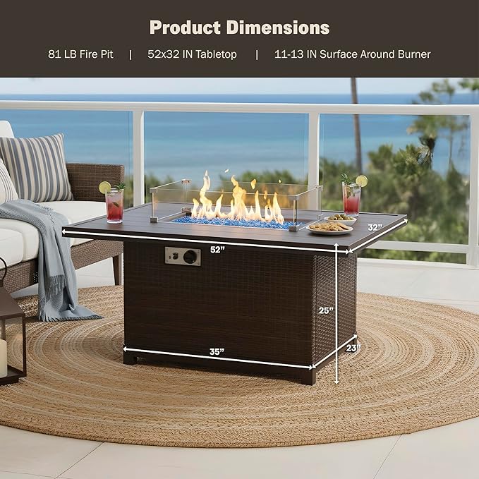 52 Inch Outdoor Fire Pit Table, 50000 BTU Propane Fire Pits with Wind Guard and Fire Glass, CSA Certified Patio Fire Table, Rectangular Aluminum Rattan Fire Table for Outside Patio, Backyard, Brown