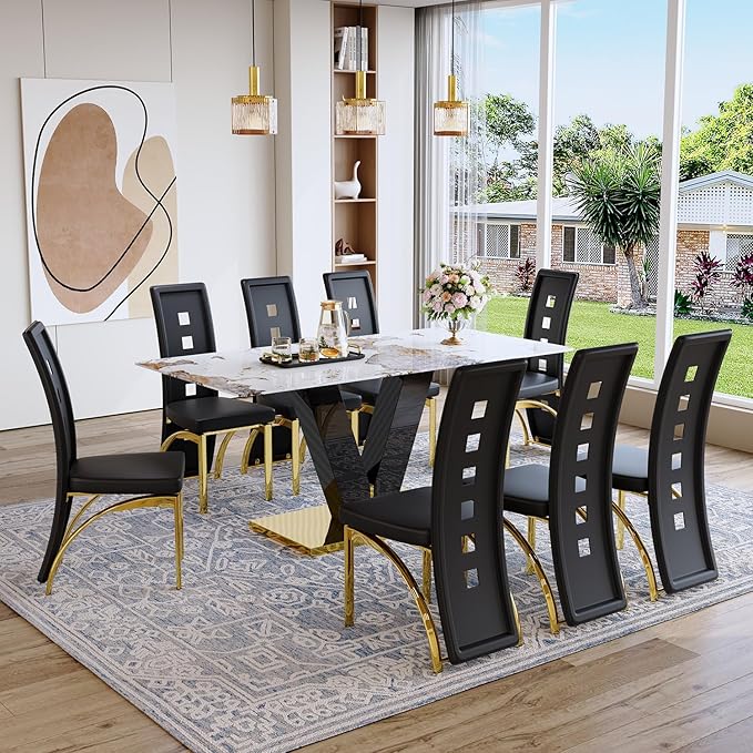 71'' Dining Table Set for 8,Rectangular Dining Room Table Set for 8,Marble Dining Table with 8 PU Leather Dining Chairs,Gold Dining Room Table with Glossy V-Shaped Base Ideal for Kitchen