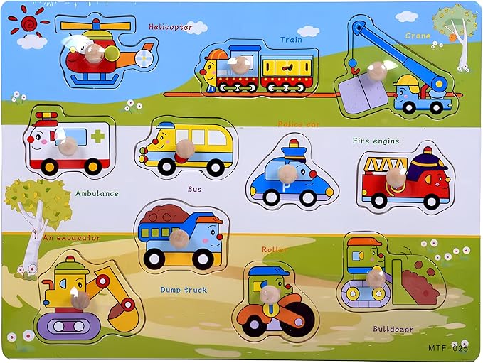 Vehicles Puzzle Wooden for Toddlers 3+ Years Old - Montessori Transportation Learning Toy with Sorting Board & Vehicle Blocks - Educational Preschool Toy for Boys & Girls - Safe Fine Motor Skill