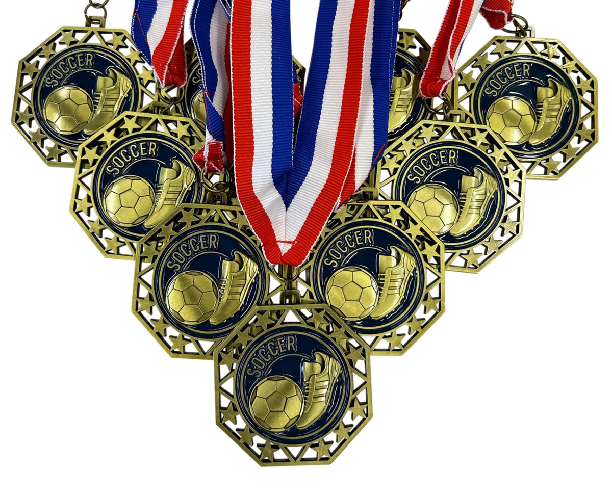 Express Medals Soccer Gold Medals Trophy Award with Neck Ribbons EMDC214Soccer - (Pack of 10)