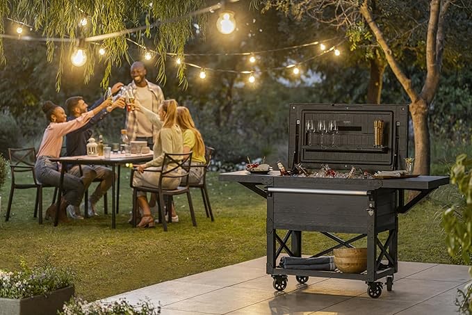 Keter Outdoor Rolling Patio Cooler and Insulated Beverage Cart 89.8 Quart Capacity with Fold Down Shelf for Glassware with Built in Bottle Opener