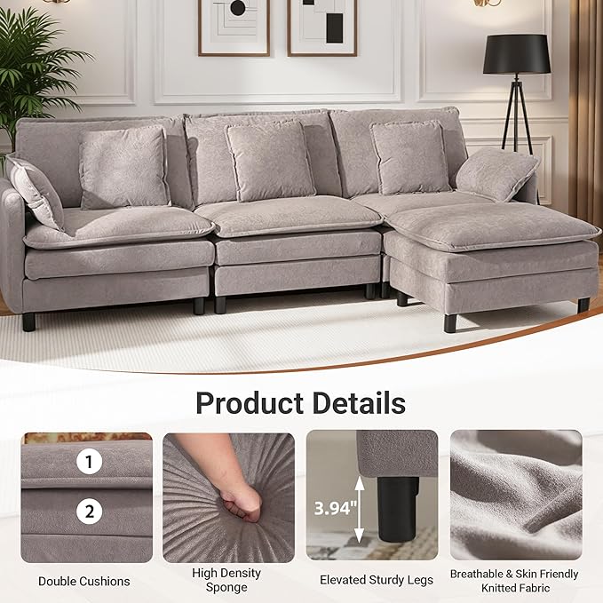 Claiks 148" Modular Sectional Sofa, Cloud Couch with Ottoman, U-Shaped 6-Seater Sofa in Chenille Fabric, Deep Seat Comfy Couch with Pillows for Living Room & Offices, Light Gray