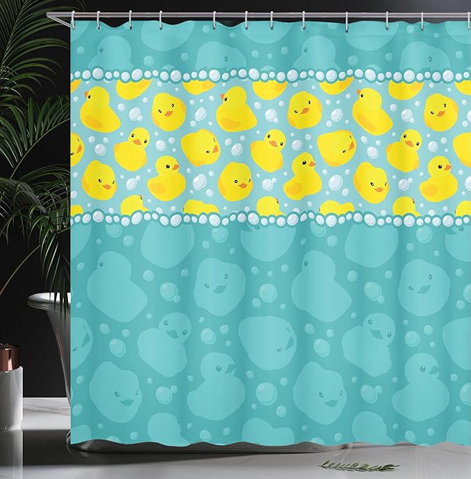 Ambesonne Rubber Duck Shower Curtain, Cartoon Style Duckies Swimming in Water Pattern Fun Bubbles Aqua Colors, Cloth Fabric Bathroom Decor Set with Hooks, 69" W x 70" L, Teal Blue