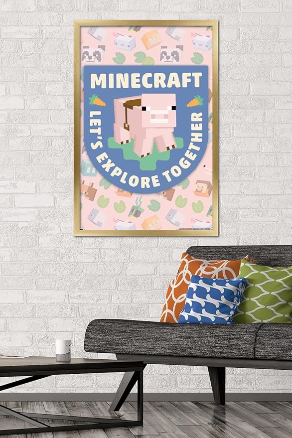 Trends International Minecraft - Let's Explore Together Wall Poster, 34L x 22.4W, Gold Framed Version