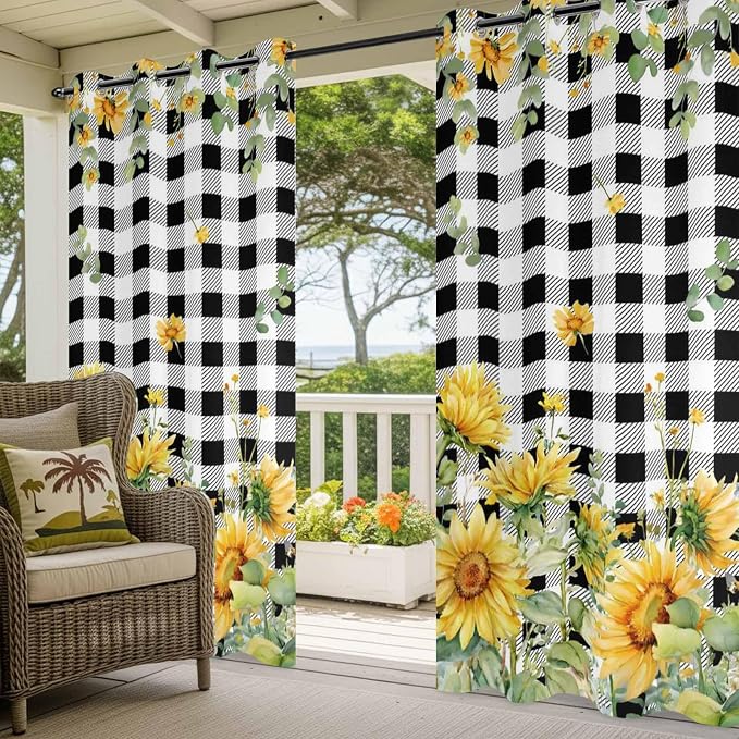Sunflowers Outdoor Curtains for Patio Summer Floral Eucalyptus Leaf Buffalo