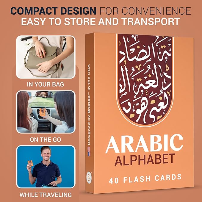 Briston Arabic Alphabet Flash Cards with Audio – 40 Durable Water-Resistant Cards with Transliteration, Pronunciation Guide & Learning Chart – Learn to Read and Write Letters for Kids, Students Adults