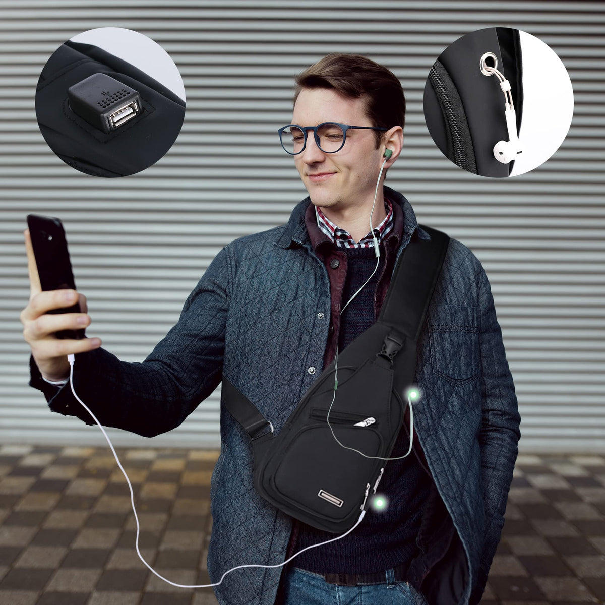Sling Bag Crossbody Backpack for Men Women with Charger & Headphone Hole