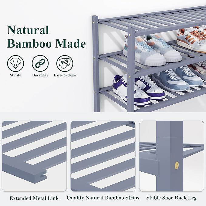 Smiry Shoe Rack, 6 Tier Thick Bamboo Shoe Organizer, Stackable Free Standing Wooden Shoe Storage Shelf for Closet, Entryway, Front Door Entrance, Grey