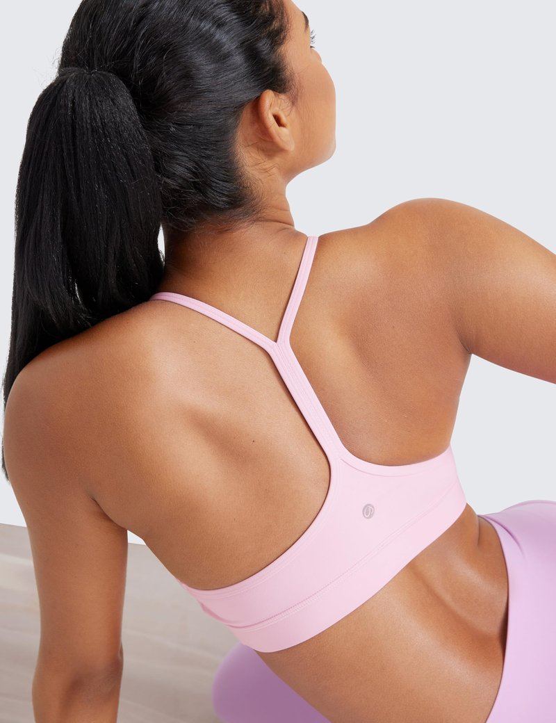 CRZ YOGA Butterluxe Womens Y Back Sports Bra - Padded Racerback Low Impact Spaghetti Thin Strap Workout Yoga Top Pink Peony Small