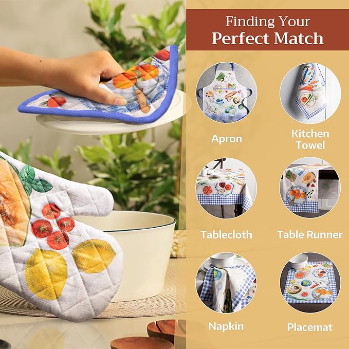Maison d' Hermine Pot Holders 100% Cotton Heat Resistant Potholders 8" x 8" Hot Pads with Loop BBQ, Cooking, Baking, Grilling, Kitchen, Handling Hot Pans Spring/Summer (Pack of 1, Gourmand)