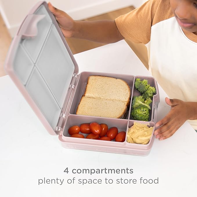 Ubbi Bento Lunch Box for Kids with 4 Compartments, BPA-Free, Leakproof, Dishwasher Safe, Food-Safe Material, Portion-Controlled Lunch Container, Back to School, Blush Pink