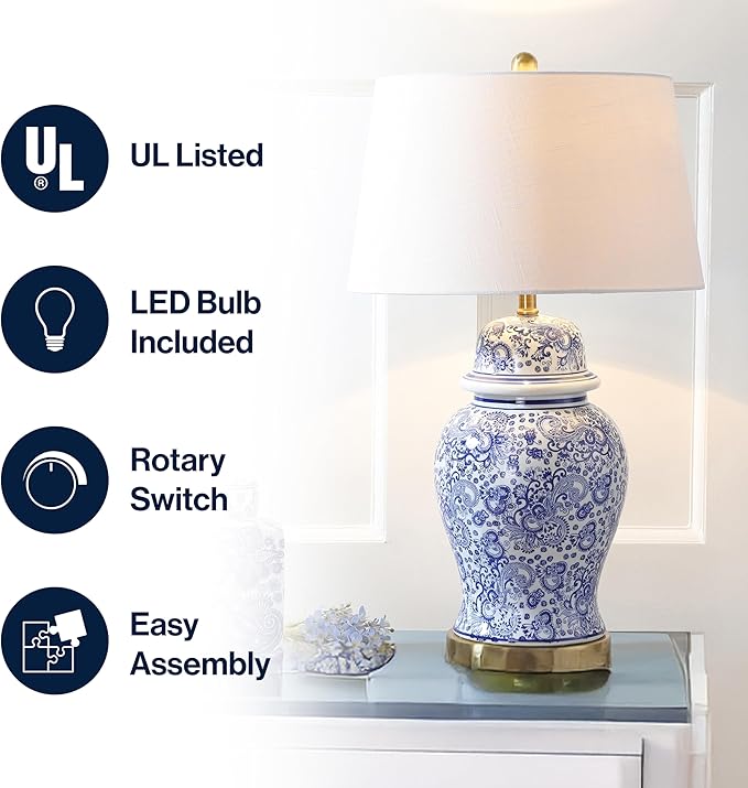 JONATHAN Y 29.5" Blue/White Ceramic Table Lamp for Living Room and Office, White Linen Drum Shade, Traditional Chinoiserie Ginger Jar Lamp, LED Bulb Included JYL3008A
