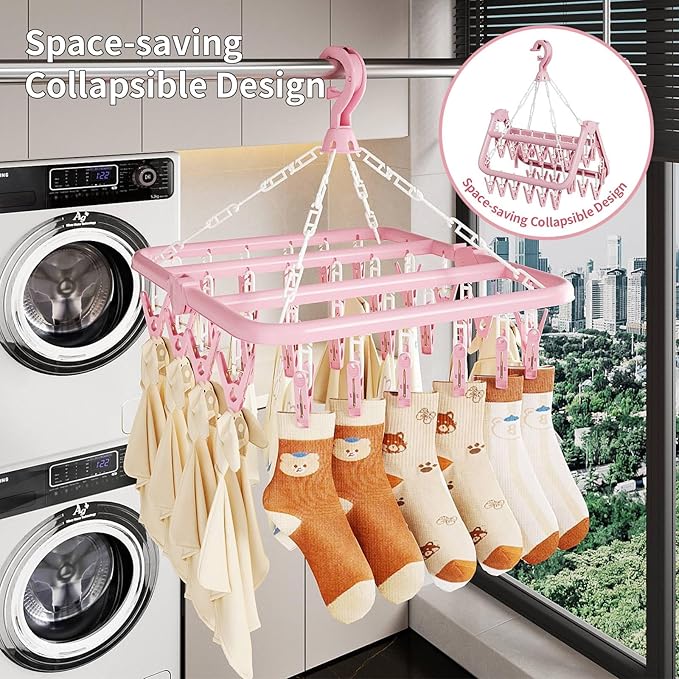 Clothes Drying Rack with 32 Clips, Foldable Hanging Rack, 360° Rotatable Hook for Drying Socks Baby Clothes Towels Gloves(Light Green)