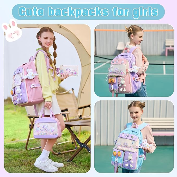 Backpack for Girls Cute Bookbag Set with Lunch Box Pencil Case Kawaii Bunny School Backpacks for Girl 3 Pcs Kindergarten Elementary Preschool Middle Sequin School Bag for Girls (Blue)
