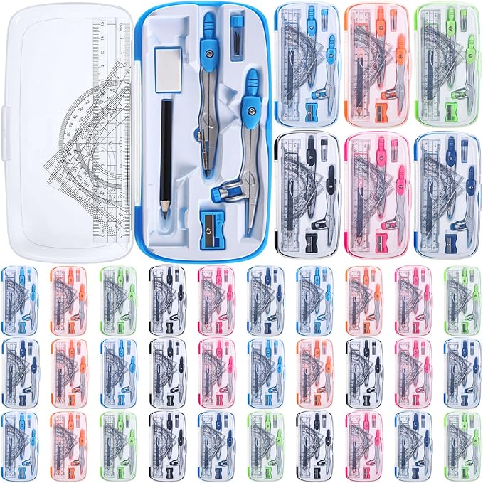 Zonon 36 Sets Math Geometry Kit Student 10 Pcs Shatterproof Storage Box Includes Compass, Rulers, Protractor, Eraser, Pencil Sharpener, Lead Refills, Pencil for Back to School Students Class Teacher