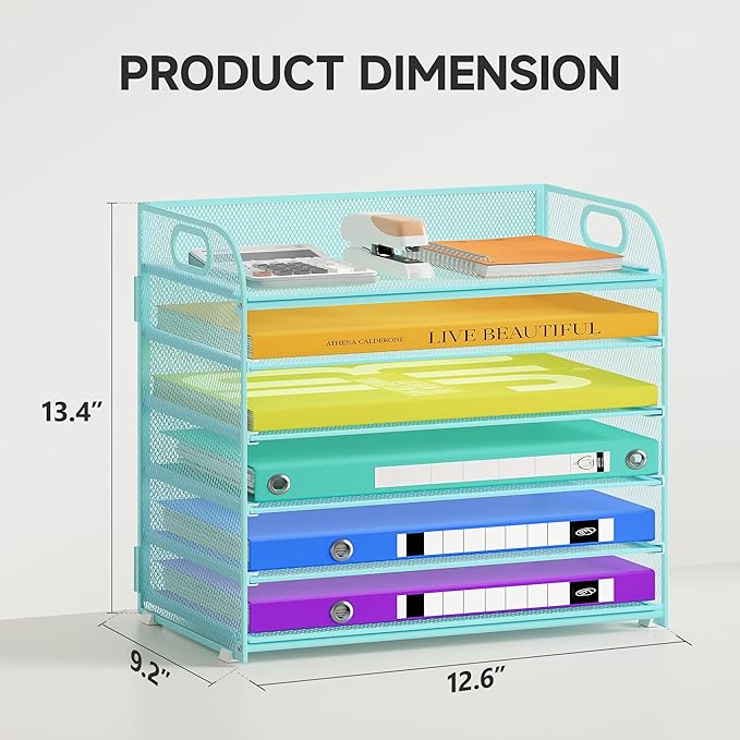 6 Tier Paper Organizer with Handle, Metal Desk Organizer Mesh Paper Letter Tray Desktop File Folder Document Sorter for Classroom, School, Office Accessories Organization and Storage - Blue