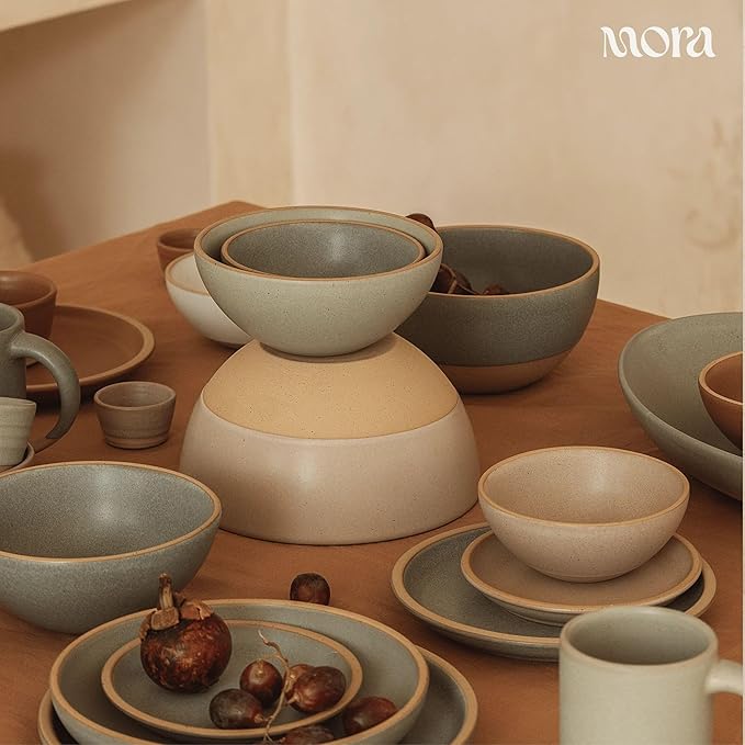 MORA Jumbo and Large Bowls Set of 2, 2.5 and 1.5 Qt Ceramic Pottery Mixing Bowls - Microwave and Dishwasher Safe - Mushroom & Thyme