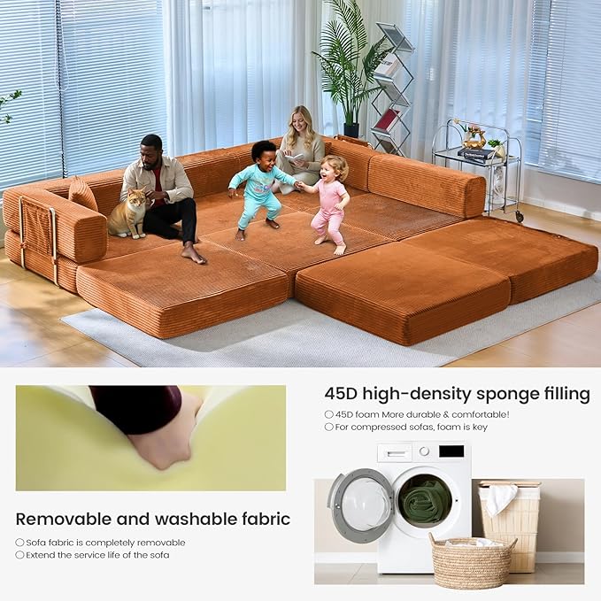 Folding Sofa Bed Convertable Corduroy Couch King Size Floor Sleeper 4-in-1 DIY Combination Modular Sofa Fold Out Futon Lounge Comfy Foldable Lazy cama for Living Room (Orange)