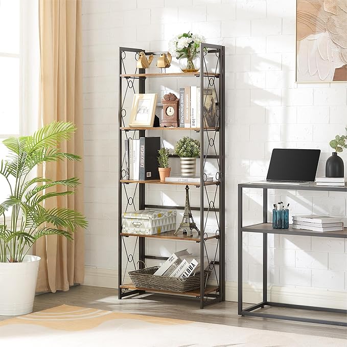 VECELO Folding Bookshelf, 5-Tier Bookcase Easy Assembly, Industrial Tall Book Shelf Storage Organizer for Living Room/Home Office,Antique Brown,1 Set