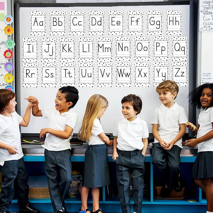 67 PCS Classroom Alphabet Number Educational Poster Cards with Weather Shape Color Learning Cards Decorations, Black and White Polka Dot Bulletin Board Letter, School Home Wall Decor for Teacher