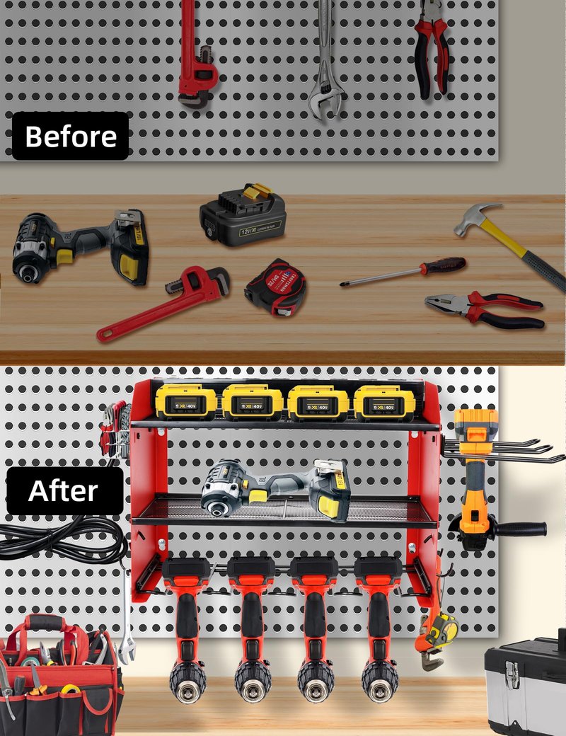 Power Tool Organizer wtih Charging Station，3 Layers Storage Rack with Screwdriver Rack 6 Drill Holders 8 Outlets Max Load 110lbs，for Workshop Garage Organizers and Storage Tool Battery Holder (Red)
