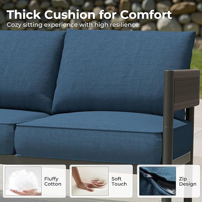 Gand Patio Outdoor 3-Seat Couch Sofa, Wicker Conversation Set with Thick Cushion for Porch, Garden, Yard, Peacock Blue