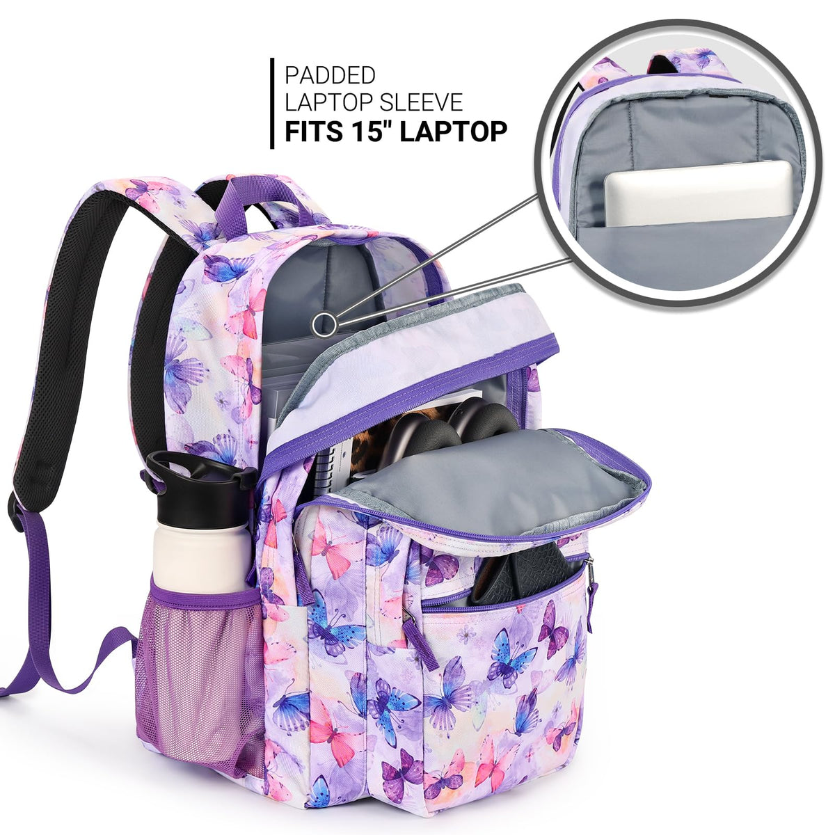 ZORFIN 26L Backpack for College, and Travel: Water Resistant Bookbag - Butterfly Purple