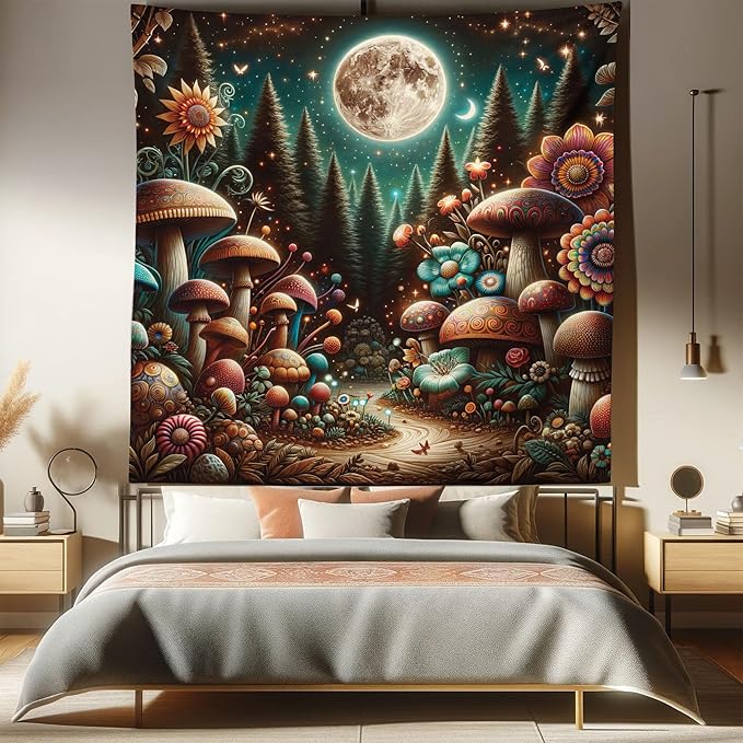 Ambesonne Aesthetic Tapestry Queen Size, Colorful Psychedelic and Traditional Detailed Mushrooms Night Forest, Wall Hanging Bedspread Bed Cover Wall Decor, 88" X 88", Dark Teal Purple Orange
