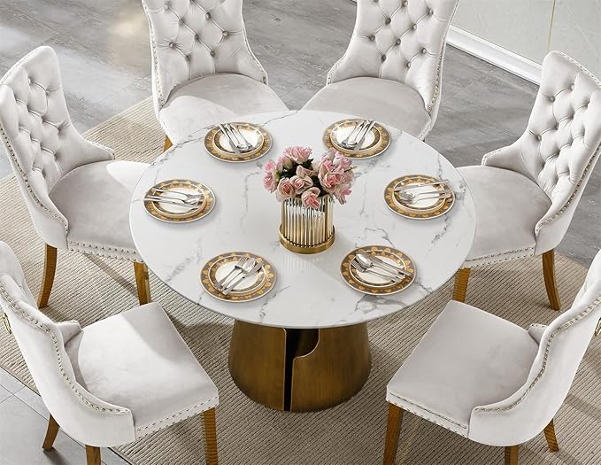 7-Piece Faux Marble Round Dining Table Set for 6, Modern Luxury Kitchen Table Set for 6 with Beige Tufted Chairs,Circle Dining Tables with White Marble Grain Top and Bronze Pedestal Base