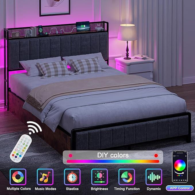 VECELO Full Size Upholstered Metal Bed Frame with Storage Drawers, LED Headboard, USB & Type-C Ports, Linen Fabric Platform Bed with 9 Legs Support, Noise-Free Design, No Box Spring Needed, Grey