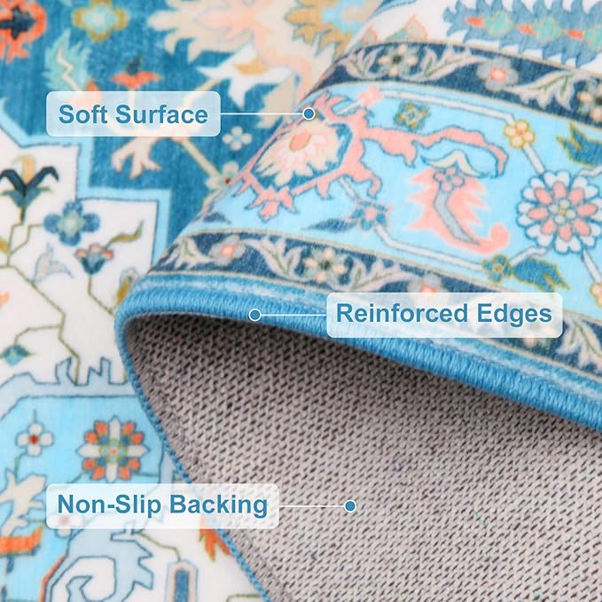 WILLSUN Washable Area Rugs, 6x9 Non-Slip Boho Large Area Rugs for Living Room, Bedroom, Machine Washable Vintage Rug, Indoor Floral Print Carpet for Home Decor, Kid & Pet Friendly Mat