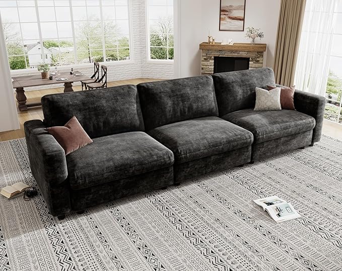 KKL Modular Sectional Sofa Couches for Living Room, 113" Sofa Couch with Adjustable Backrest, Chenille 3 Seater Sofa Couch with Comfy Cushion, Chenille, Black