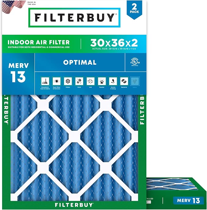 Filterbuy 30x36x2 Air Filter MERV 13 Optimal Smoke & Allergy Defense,