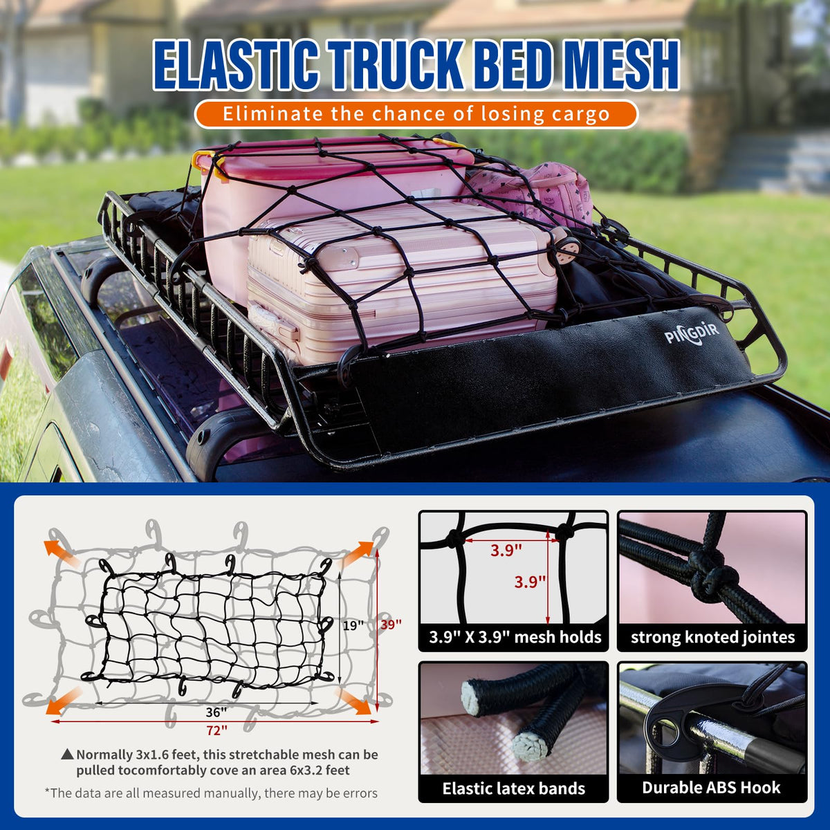 PINGDIR Roof Rack Basket 51" X 36" X 5" Rooftop Rack Cargo Carrier Universal, Waterproof Cargo Bag 44 * 35 * 16", Cargo Net with Attachment Hooks, 2 pcs Ratchet Strap,Roof Pedal