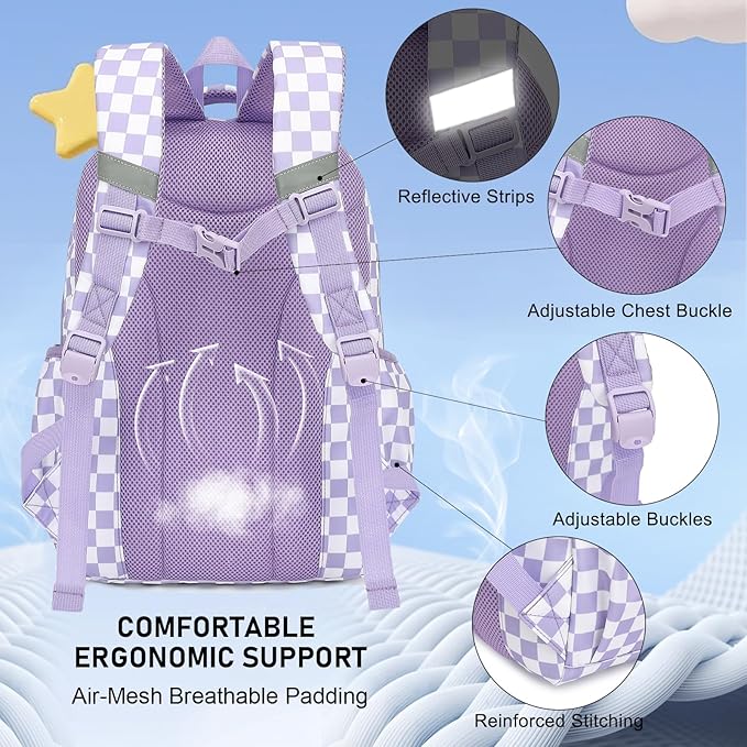 Girls School Backpack Set - Teens Kids School Bag Bookbag with Lunch Box Pencil Case for Elementary Middle School (Checkered Purple)