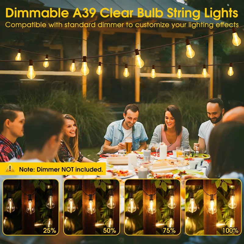 Larkvue 100FT LED Outdoor String Lights, Waterproof Patio Lights with 32 Shatterproof Dimmable 2700K A39 Bulbs Hanging Lighting for Outside Backyard