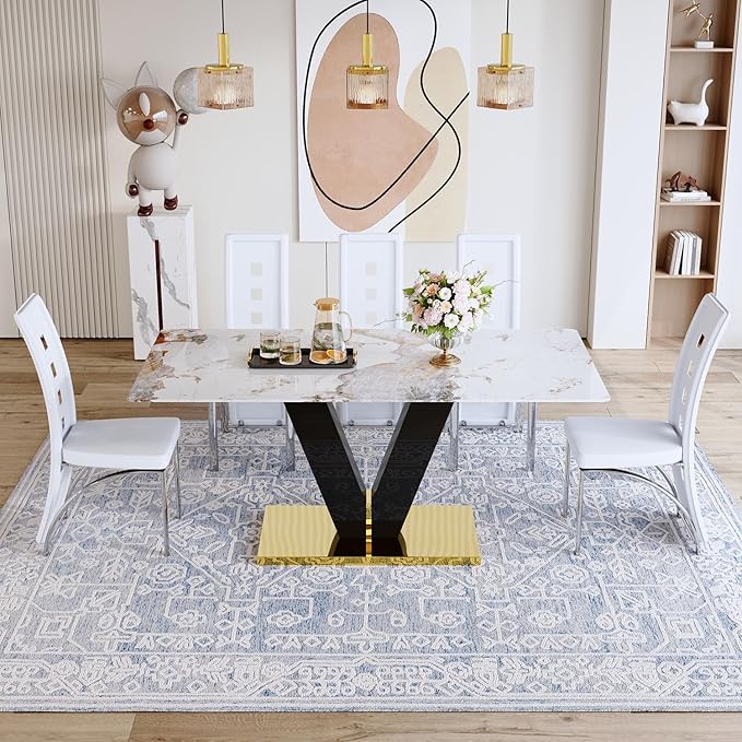 71'' Dining Table Set for 8,Rectangular Dining Room Table Set for 8,Marble Dining Table with 8 PU Leather Dining Chairs,Gold Dining Room Table with Glossy V-Shaped Base Ideal for Kitchen