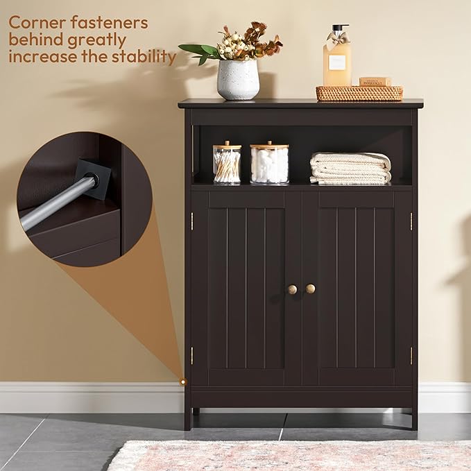 Yaheetech Bathroom Floor Storage Cabinet, Wooden Free Standing Storage Organizer with 2 Doors & Adjustable Shelf for Living Room, Hallway, Espresso