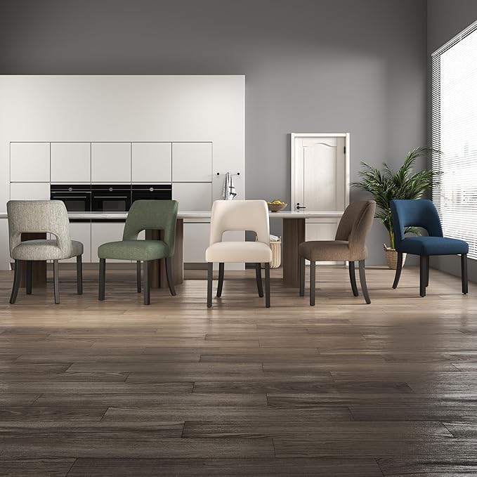 VKNOW Wooden Dining Chairs Set of 6, Modern Fabric Upholstered Dining Room Chair Kitchen Chairs, Farmhouse Dinner Chair for Kitchen Dining Room, Beige-Black Legs