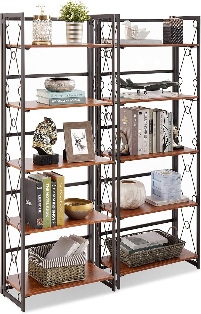 VECELO Folding Bookshelf 5-Tier,Industrial Metal Frame & Wood Shelves,Foldable Bookcase Easy Assembly Free Standing Tall Storage Organizer for Living Room,Office,Bedroom