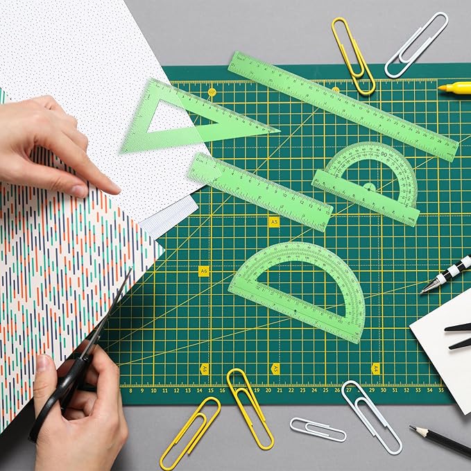 6Pcs Green Plastic Ruler Math Set Includes 12 & 6 Inch Straight Protractor Triangle Math Geometry Set Measuring Tool School Supplies Rulers for School Office Drawing Home
