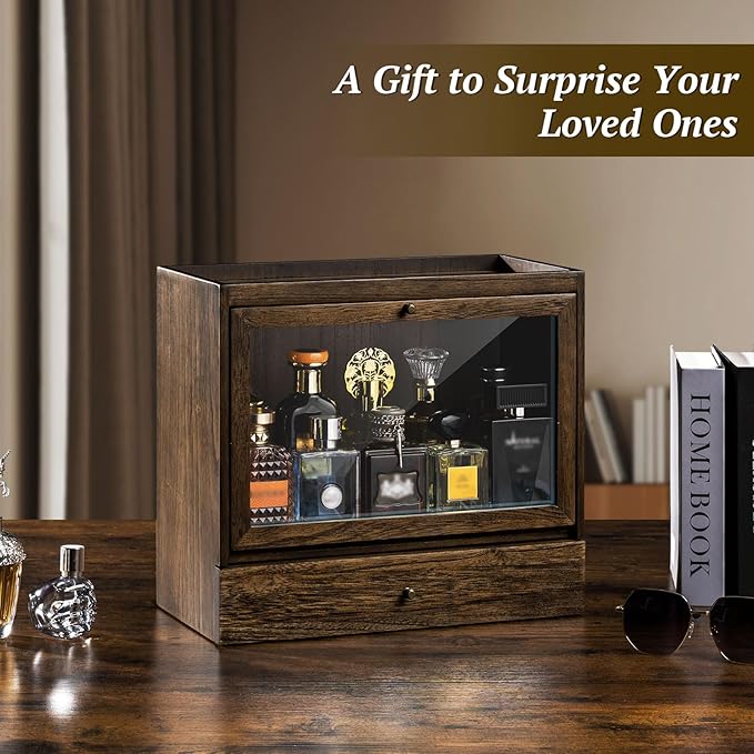 Cologne Organizer for Men, Solid Wood Perfumes Organizer for Men Dresser, Large Capacity Dustproof Cologne Holder with Drawer Storage Perfume Stand Organizer, Ideal Gift for Loved ones