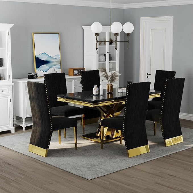 AUZ Black and Gold Dining Chairs Set of 8, Black Velvet Upholstered Dining Room Chairs with Nailhead Trim, Modern High Back Dining Chairs with Gold Legs