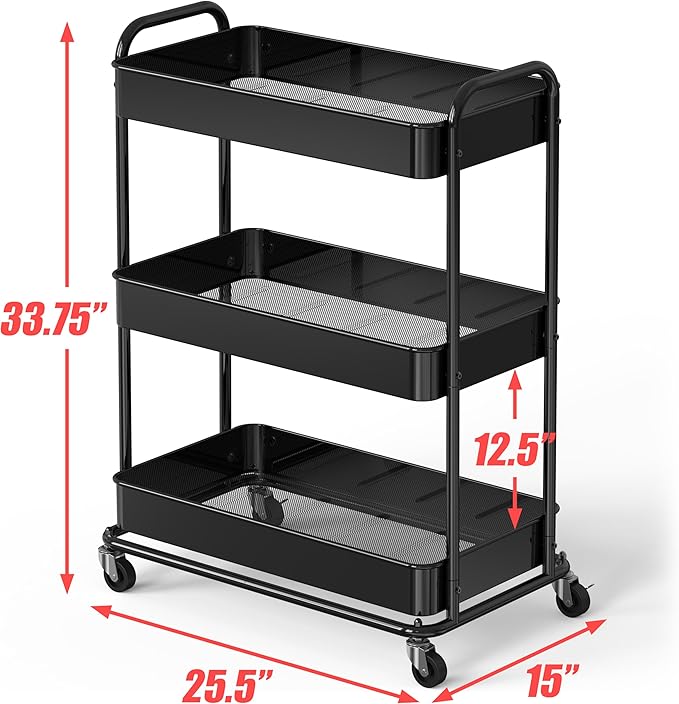 Simple Houseware 26" Extra-Wide 3-Tier Heavy Duty Service Cart, High-Capacity Metal Rolling Organizer for Spa, Salon, Office, and Home Storage, Black