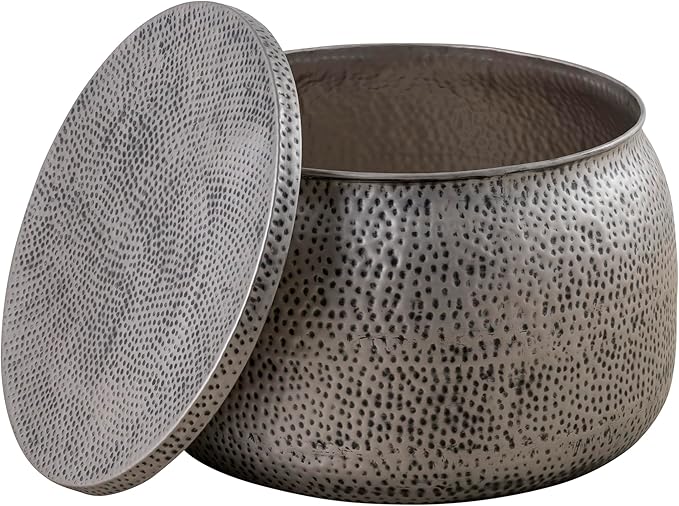 Albany Living Modern Round Aluminum Hammered Embossed Texturing, Metal Drum Coffee Table with Removable Lid for Storage,Fully Assembled, for The Living Room and Bedroom, Gray
